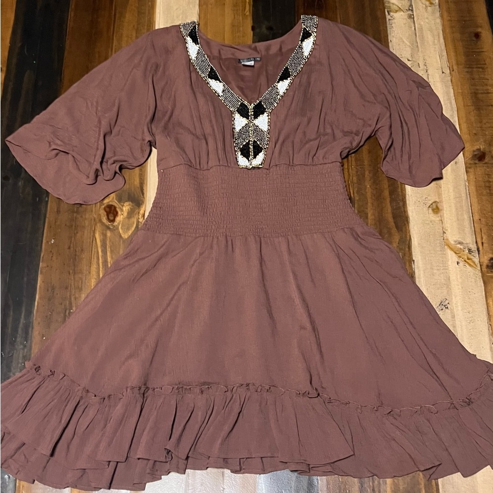 VENUS brown beaded neckline dress